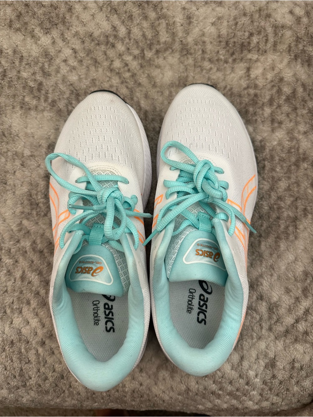 ASICS Women’s Running Shoes in White with Aqua Laces and Peach Accents